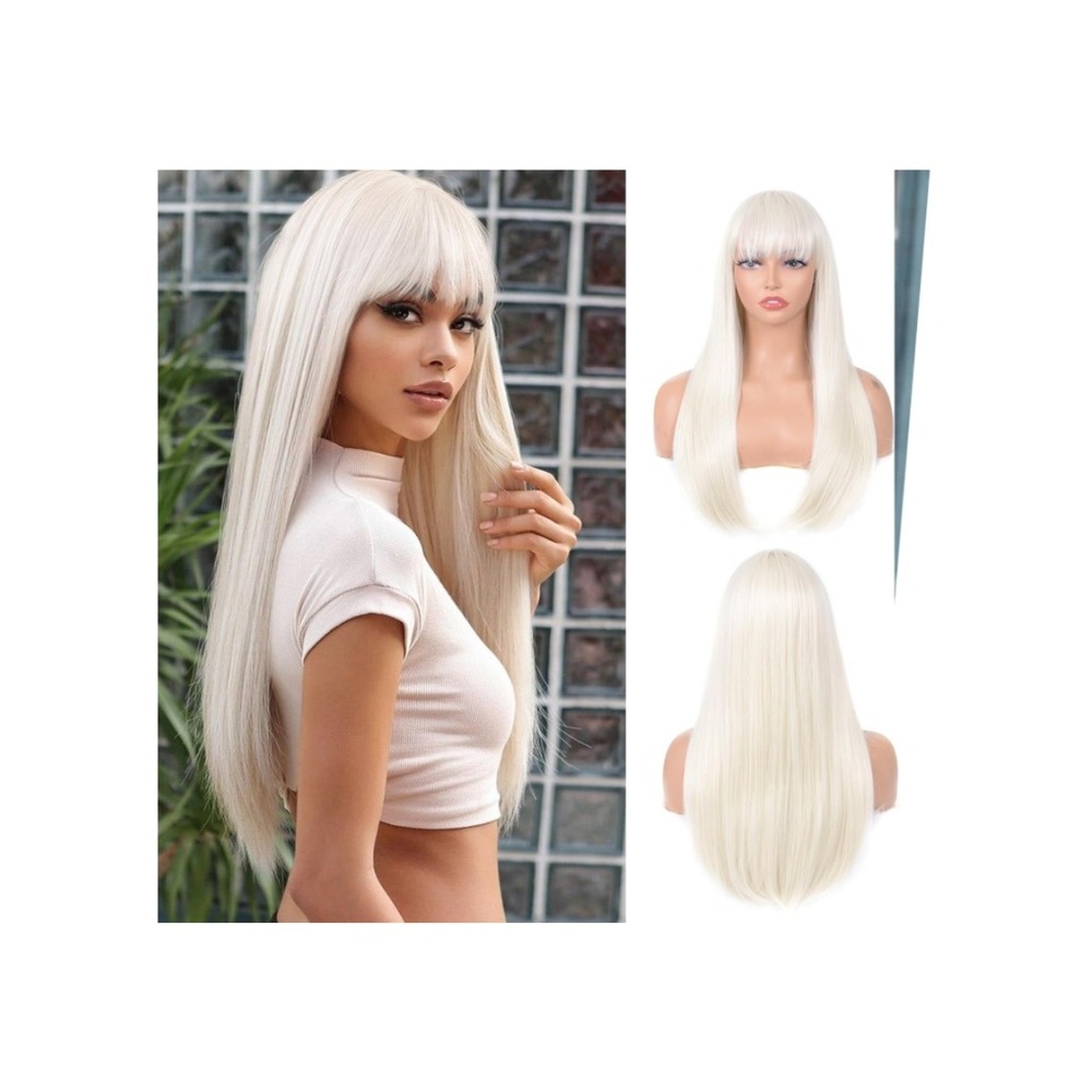 Platinum Blonde Wig with Bangs 24 Inch Long Straight Heat Resistant Synthetic